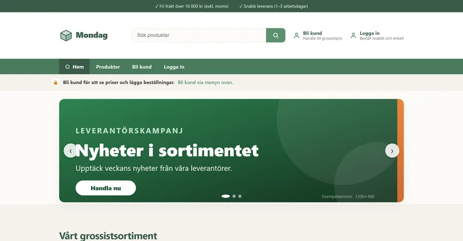 Startsidan för grossisten Mondag